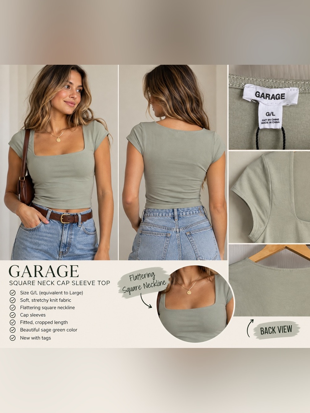 Garage Square Neck Cap Sleeve Top – Sage – G/L – NWT
